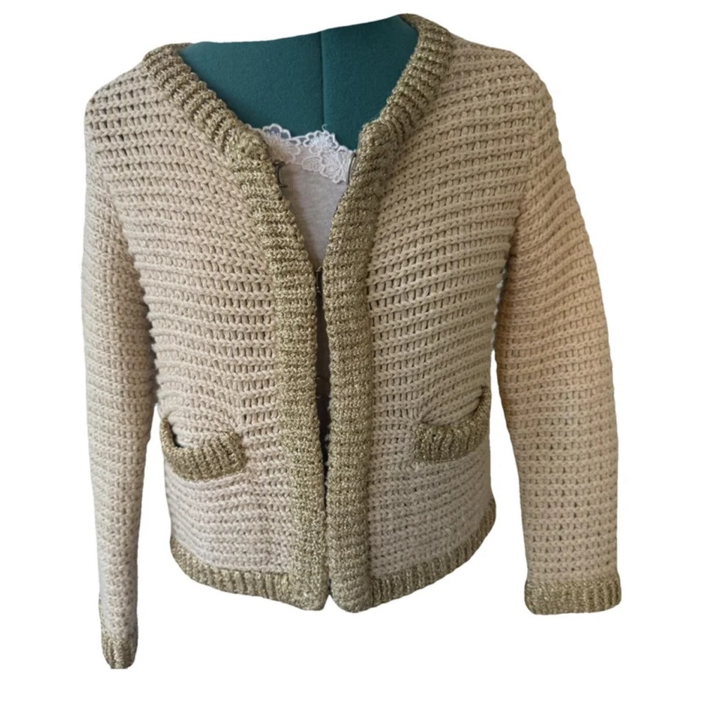 PHILLIP LIM gold / beige cropped cardigan with pockets, sz. S